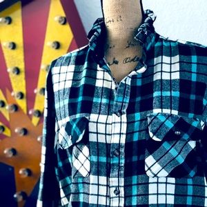 Reworked Mens Cropped Flannel, Upcycled Ladies Long Sleeve Ruffle Collar